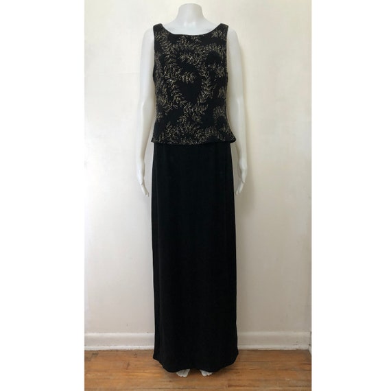 Vintage Black Maxi Dress with Glitter Leaves | 90… - image 4