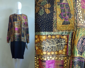 80s floral fish dress size medium 8, lightweight rayon abstract print dress, 1980s long sleeve day dress, black pink green