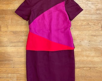 Vintage Color Block Dress Size M/L 1990s Linen/Rayon Sheath Short Sleeve