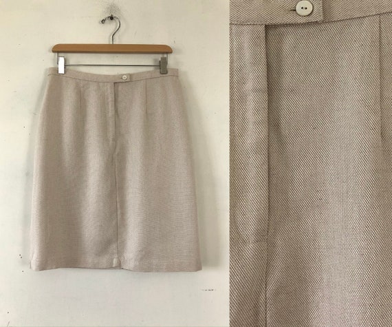 Vintage Linen Rayon Skirt 90s Talbots Beige Straight Cut Skirt