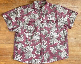 Vintage Mens Hawaiian Shirt Size XXL 1990s Floral & Novelty Hula Girl Print Cotton Button Down