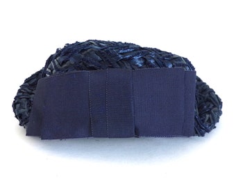 Vintage 60s Straw Hat Navy Blue Round 1960s Fascinator Cap  display picture 1