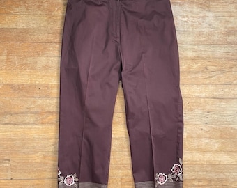 Pantalones capri florales vintage para mujer, talla mediana, cintura de 76 cm, de algodón, años 90, bordados en marrón.