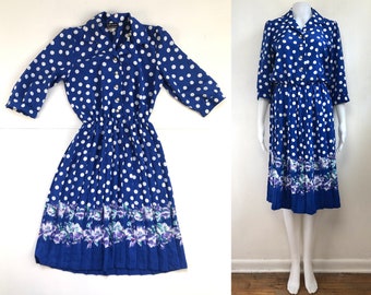Vintage Polka Dot & Floral Dress | 90s Pleated Skirt Shirt Dress | Womens Size Small/Medium