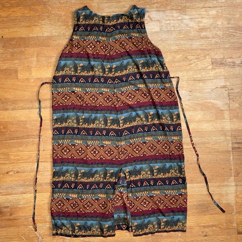 Vintage Tribal Zebra Print Dress Size 1X (18W) 1990s Rayon Sleeveless Maxi Tie Back Waist image 10