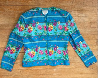 Vintage Colorful Floral Silk Jacket Womens Size Medium 1980s Adrianna Papell