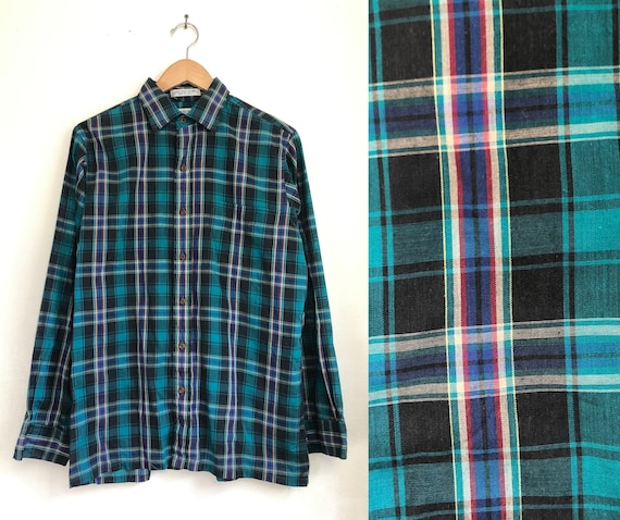 Vintage Mens Plaid Shirt | 70s Teal Tartan Button… - image 1