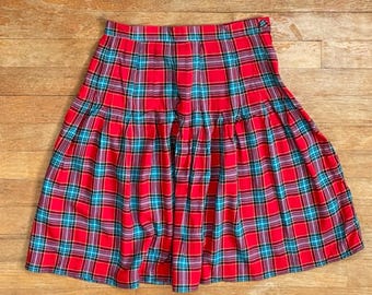 Vintage Tartan Plaid Skirt Size XS 26&quot; Waist 1990s Rayon Top Stitch Pleated