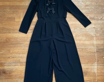 Vintage Wide Leg Jumpsuit Size Medium 1990s Black Crepe Satin Bows