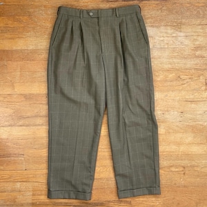 Vintage Mens Double Pleated Plaid Pants Size 32x29 1990s Olive Green Herringbone Woven Trousers 32 Waist 29 Inseam