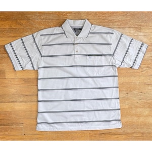 Vintage Mens Knit Polo Shirt Size Large 1990s Gray Striped Short Sleeve Collared