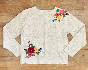 Vintage Floral Embroidered Cardigan Small/Medium 90s Knit Ramie/Cotton Sweater