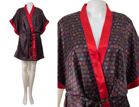 Vintage Satin Robe | 90s Geometric Floral Print B… - image 1