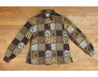 Vintage Animal Print Blouse Size M/L 90s Leopard & Tiger Pattern Button Down