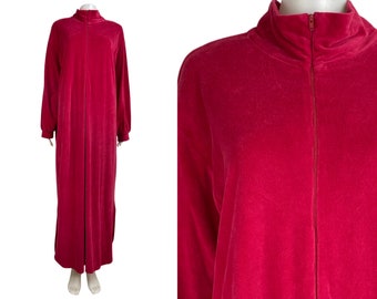 Vintage Velour Nightgown | 90s Red Soft Textured Dressing Gown Robe | Womens Size Large/XL