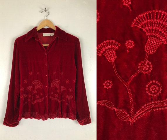 Vintage Crushed Velvet Blouse | 90s Red Velvet Top