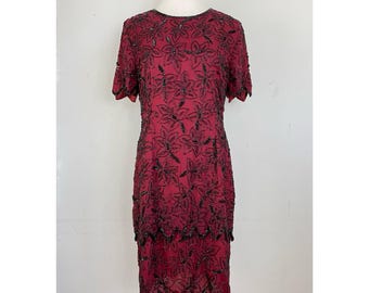 Vintage Beaded Silk Dress Womens Size Small 1990s Stenay Fancy Embellished Cocktail Party Frock Burgundy Red