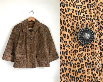 Vintage Leopard Print Suede Jacket | 90s Animal Print Cropped Leather Jacket with Pockets | Womens Size Small/Medium