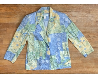 Blazer floral vintage, talla pequeña (4P), de mezcla de algodón, años 80, chaqueta geométrica de margaritas, ligero