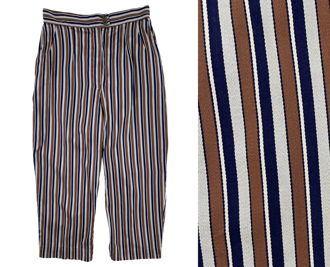 Vintage High Waist Capris 70s Striped Cotton Cropped Pants With Pockets