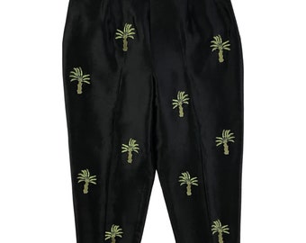 Vintage Dupioni Silk Capris | Womens Size XL | 34" Waist | 90s Black Palm Tree Embroidered Cropped Pants