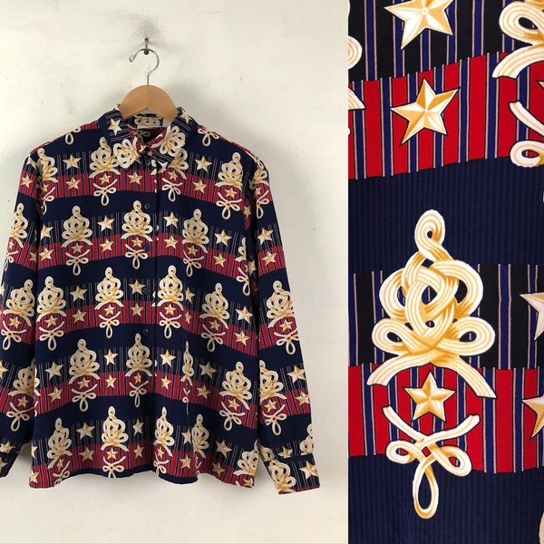 Vintage Nautical Print Blouse | 80s Striped & Star Pattern Long Sleeve Shirt | Womens Size Large