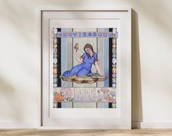 Może przedstawiać: Wizerunek vintage znaku zodiaku Panna. Obraz przedstawia kobietę w niebieskiej sukni trzymającą kwiat, otoczoną ozdobną ramką z kwiatów i kształtów geometrycznych. Tekst "VIRGO" jest wyświetlany w górnej części obrazu.
