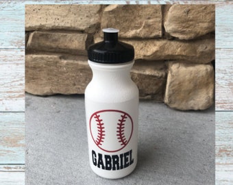 Personalized plastic water bottle, Baseball T-ball kids sports bottle, white water bottle, sports themed party favors, football soccer