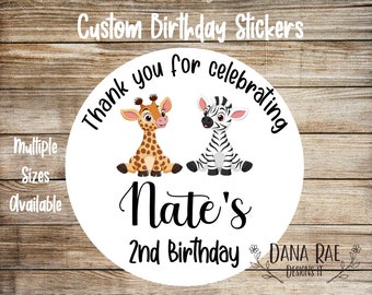 Personalized Safari Birthday Stickers Set, Zebra Giraffe Labels for birthday party favors, celebration stickers