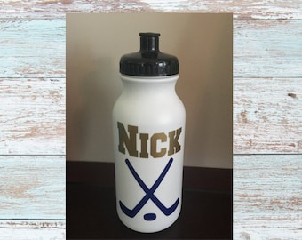 Personalized plastic water bottle, Hockey water bottle, kids hockey sports bottle, sports themed party favors, football soccer
