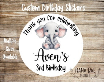 Custom Elephant Birthday Stickers Set, Labels for birthday party favors, celebration stickers