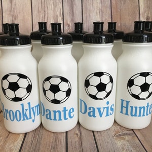 Personalized plastic water bottle, kids sports bottle, white water bottle, sports themed party favors,football baseball soccer party