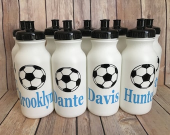 Personalized plastic water bottle, kids sports bottle, white water bottle, sports themed party favors,football baseball soccer party