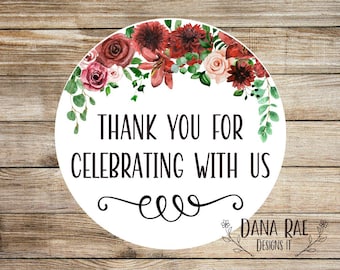 Custom Thank You Sticker Set, Thank You Stickers for Wedding or Bridal shower, popcorn favor stickers, dark red garnet wine berry flowers