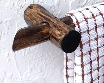 Natural Wood Towel Rack,  Handmade Rustic Wooden Towel Bar,  Bath Towel Hanger Wall Mounted, Walnut Stained, Reclaimed Wood For Rustic Decor