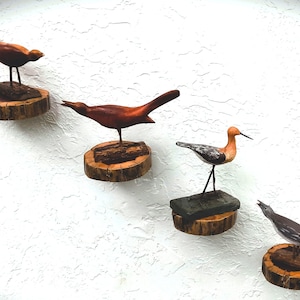 May include: Four hand-carved wooden bird figurines mounted on circular wood slice bases. The birds feature varied brown, orange, and grey tones with thin metal legs. Each sculpture is displayed individually, showcasing distinct postures and natural wood textures.