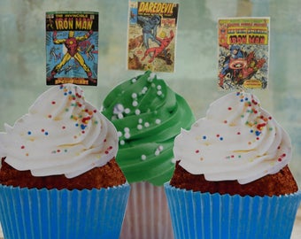 Vintage Comic Book Superhero Cupcake Toppers, Avengers Party