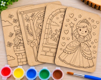 Wooden Paint Board Set of 4, Kids Painting Activity, Choose Girls or Boys Design, Birthday Party Craft, Paint and Brush