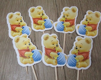 Winnie the Pooh cupcake picks,12, 24 or 36 cupcake toppers, Winnie the Pooh birthday theme,cupcake topper double sided