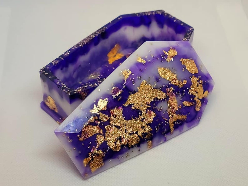 white gold flakes Resin Coffin Jewelry box purple