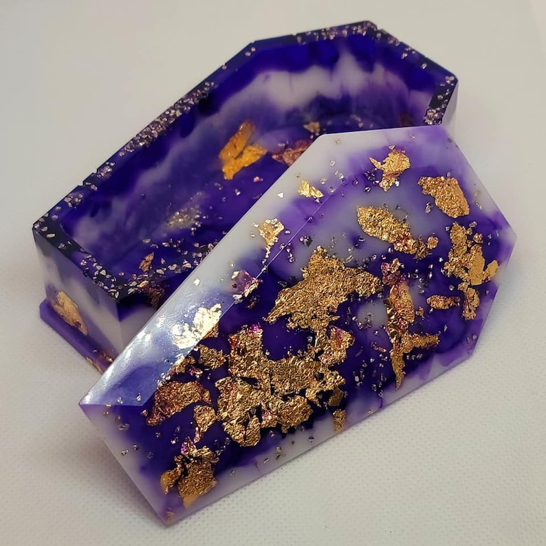 white gold flakes Resin Coffin Jewelry box purple
