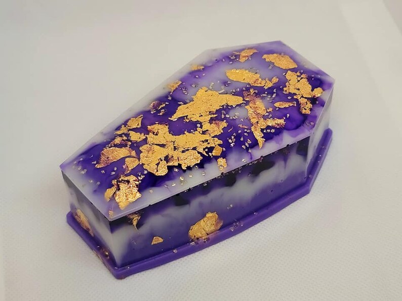 white gold flakes Resin Coffin Jewelry box purple