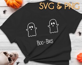 May include: Black t-shirt with two white ghost illustrations and the text "Boo-Bies" in white.