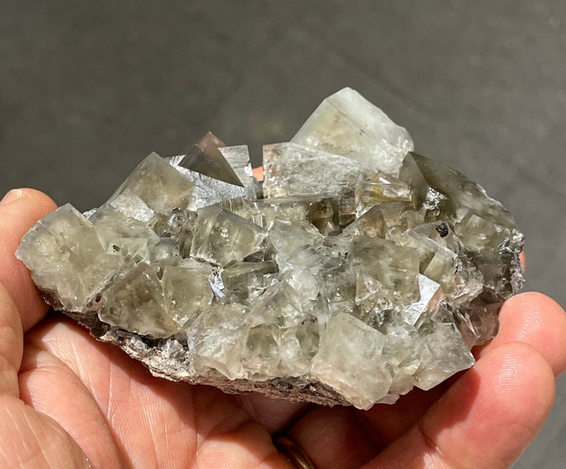 Pode incluir: Um aglomerado de cristais de fluorita transparentes e de cor castanho claro numa matriz cinzenta. Os cristais s&atilde;o afiados e bem formados, com um brilho v&iacute;treo.