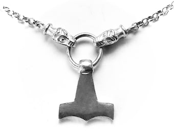 NECKLACE Birka MIOLNIR & Islandic wolfheads CHAIN - silver (handmade by Viking Kristall)