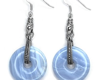 GOTLAND WOLFHEADS EARRINGS - blue lace agate disc and silver (handmade by Viking Kristall)
