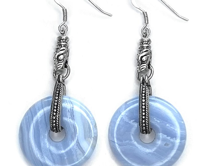GOTLAND WOLFHEADS EARRINGS - blue lace agate disc and silver (handmade by Viking Kristall)