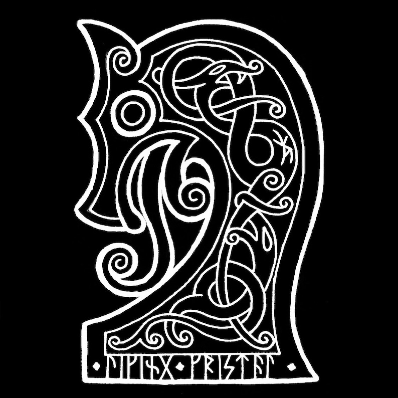 May include: A white line drawing of a Viking ship's prow with intricate knotwork and the text "NIPSX PRIST" at the bottom.