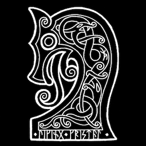 May include: A white line drawing of a Viking ship's prow with intricate knotwork and the text "NIPSX PRIST" at the bottom.