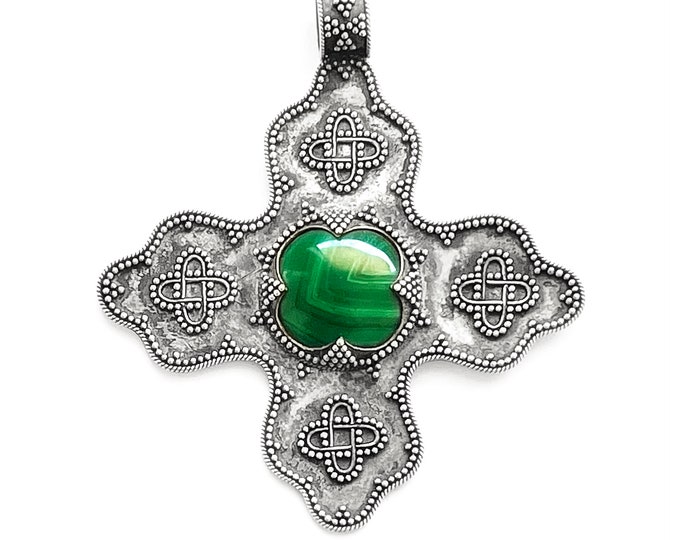 BYZANTINE BIRKA CROSS malachite and silver (handmade by Viking Kristall)